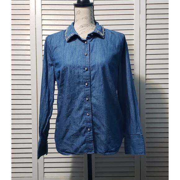 Talbots Button-up Denim Shirt Women's PL Blue Rhinestone Embellished Long Sleeve - Picture 1 of 8